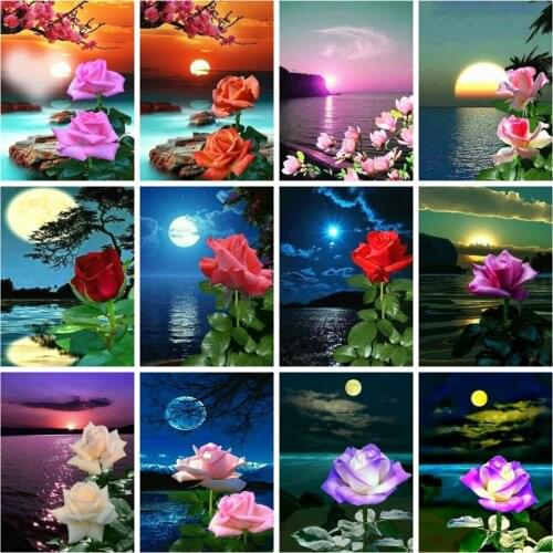 Huacan 5d Diy Diamond Painting Rose Moon Scenery Wall Sticker Diamond Embroidery Mosaic Seaside Flower Home Decor