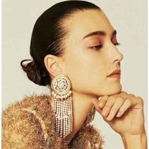 Shiny Rhinestone Round Tassel Chain Long Drop Earrings for Women Party Luxury Crystal Water Drop Pendant Dangle Earring Jewelry