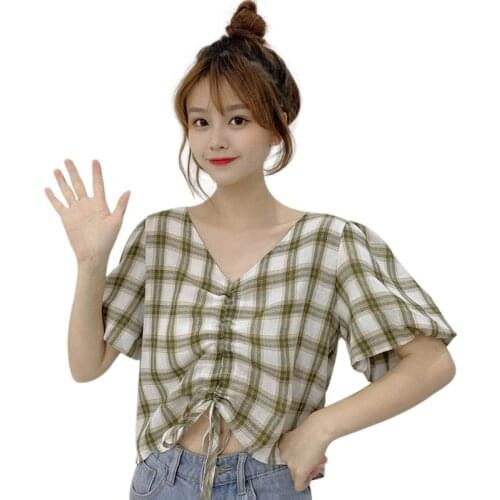 Summer Tops Women Plaid Shirt Women Drawstring Puff Sleeve Short Sleeve V-neck Short Cut Belly Button Summer Blouses top Femme