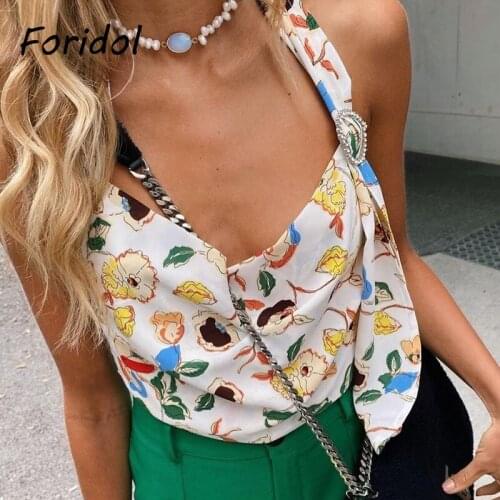 Foridol Dropped Neck Loose Crop Tops Women Floral Print Boho Summer Halter Tank Tops Heart Sequined White Tie-front Camis 2021