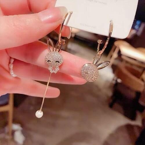 Korean Earrings Fashion Jewelry Asymmetrical Cute Bunny Zircon Long Tassel Statement Earrings For Women Oorbellen Wholesale