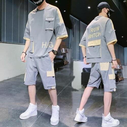 Summer Suit Mens Trend with Summer Clothes Handsome Casual Running Sports Short-sleeved Summer T-shirt Suit Sportswear Men