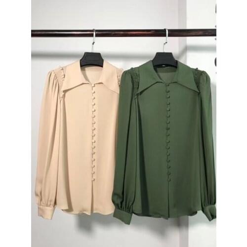 Fashion 2021 New Ladies Long Sexy Casual Solid Color Lantern Sleeve Silk Shirt 0315