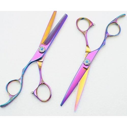 2Pcs Left Hand 6'' Customized Logo Purple Professional Human Hair Scissors Hairdressing Scissors Cutting Shears + Thinning C8002