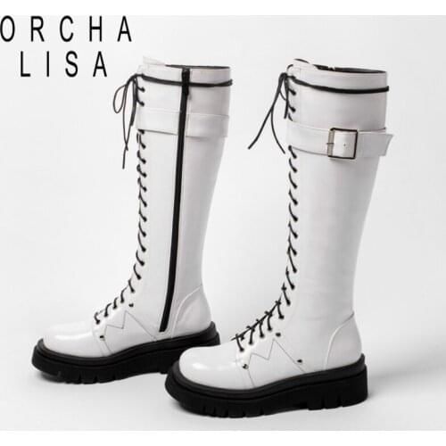 ORCHALISA Hot Women Knee High Riding Knight Boots Buckle Lace Up Rivet Chunky Platform Military Combat Motorcycle Long Boots 43