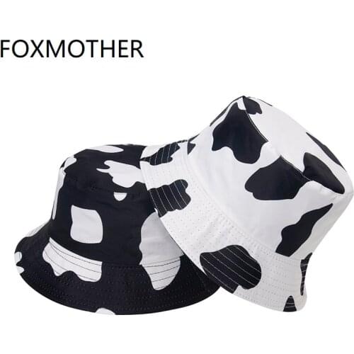FOXMOTHER New Fashion Black White Cow Print Bucket Hats For Women Mens Summer Caps Gorras