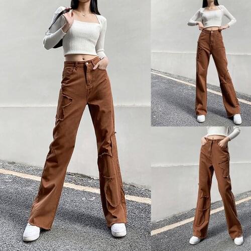 High waist casual versatile flower print stitching straight jeans for women, new chic Hong Kong style, pantalon femme SAGACE