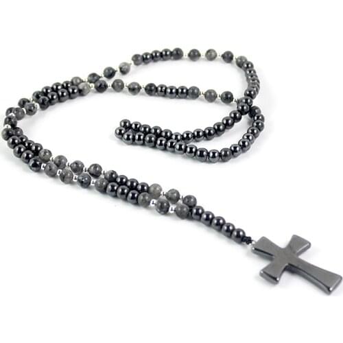 Religous Cross Pendant Natural Gray Stone Beads with Hematite Beaded Sweater Jewelry Rosary for Men and Women NSN010