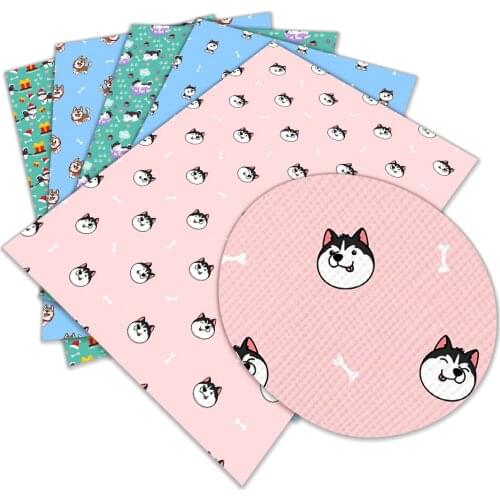 Cute Dog Cartoon Printed Faux Leather Husky Animal Cross Pattern 30 X 136cm Rolls for Hair Bows DIY Bag Earrings Materials
