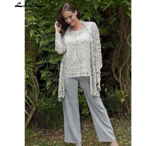 Silver Lace Mother Of The Bride Pant Suits With Jackets Jewel Neck Wedding Guest Dress Cheap Chiffon Mothers Groom Dresses