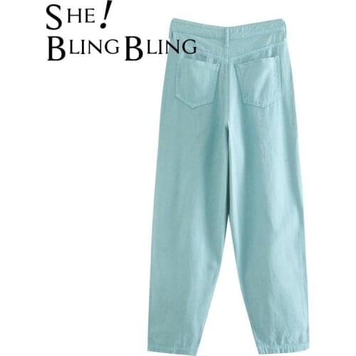 SheBlingBling Blue Yellow Women Jeans Summer Autumn High Waist Folds Casual Ankle Length Harem Pants Female Denim Pants Pantalon