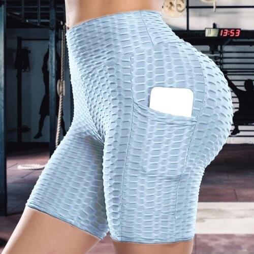 Sports Yoga Shorts Side Pockets High Waist Stretch Bubble Shorts Casual Loose Pants Breathable Push Up Butt Trousers