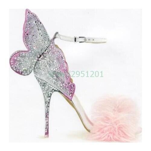 Rhinestone Colorful Butterfly Wings High Heel Sandals Pink Fur Stiletto Jeweled High Heels Sexy Stage Pumps Wedding Shoes