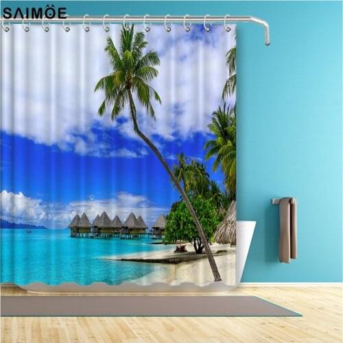 Tropical Resort Bathroom Curtain Beach View Of Over-water Bungalows Waterproof Shower Curtain Polyester Fabric Bathing Cover