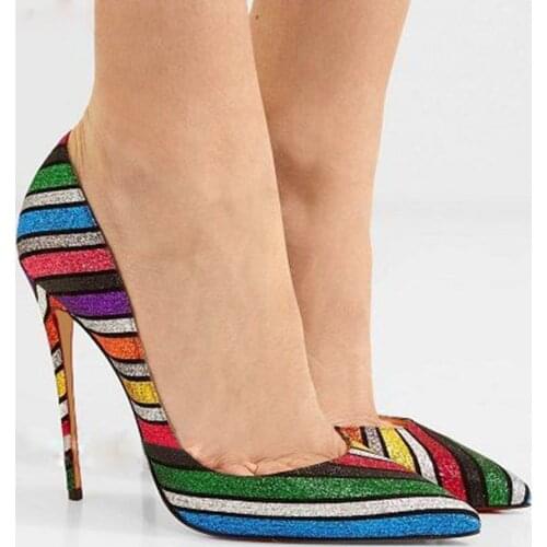 Ladies Rainbow Strappy Sequins Pumps Womens Colorful Bling Bling High Heels Shoes Stiletto Pointed Toe Party Single Heels