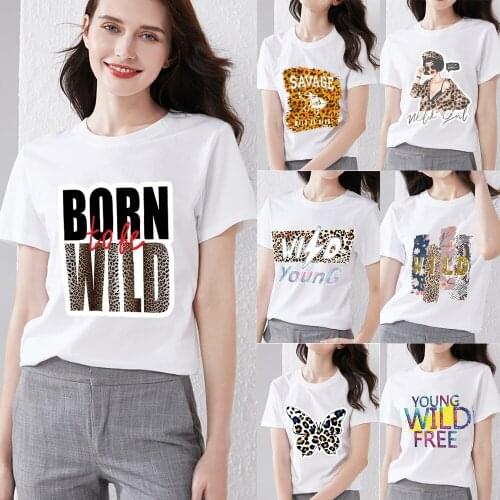 New Summer Womens Trend White T-shirt Street Fashion Letter Leopard Print Series Top Round Neck Short Sleeve Ladies Soft Tee
