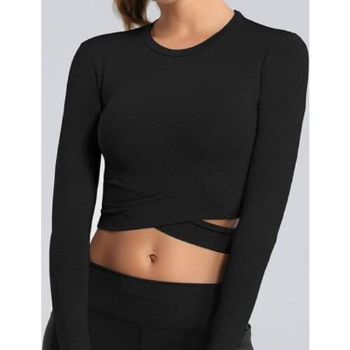 Women Long Sleeve Running Shirts Sexy Exposed Navel Yoga T-shirts Solid Sports Shirts Quick Dry Fitness Gym Crop Tops Sport Wear