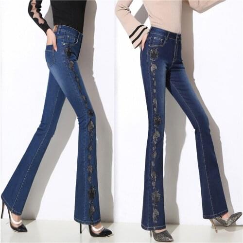 2019 New Spring Autumn High Waist Jeans Women Fashion Casual Slim Embroidery Flower Straight micro-horn Trousers Female Pants