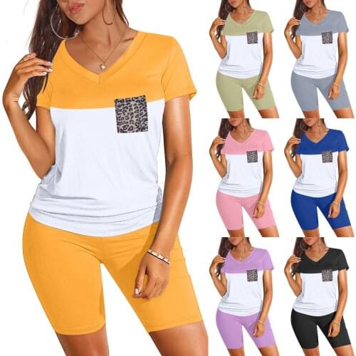 Womens Suits With Shorts 2021 Leopard Print Short Sleeve V Neck Two Piece Outfits Biker Shorts Set Summer Ladies Plus Size Sets