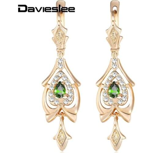 Davieslee Teardrop Olivine Green CZ Drop Earrings For Women 585 Rose Gold Dangling Earrings Woman Jewelry Wholesale Gifts LGE109
