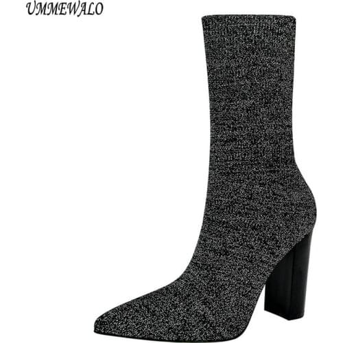 UMMEWALO Pointed Toe Stretch Knitting Sock Boots Women Fashion High Heel Shoes Elastic Ankle Boots Winter Ladies Shoes 3129-2