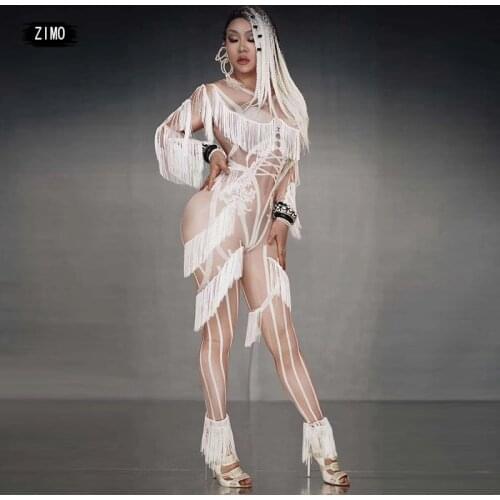 Tassel White Sexy jumpsuit Women Pole Dance Performance Clothing Fashion Skinny Female Nightclub DJ ds Stage Costumes One piece