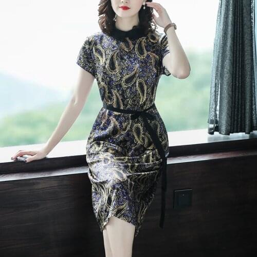 2021 Summer Floral Mulberry Silk Bodycon Midi Dress Women Vintage Short Sleeve Print 4XL Plus Size Dress Elegant Party Vestidos