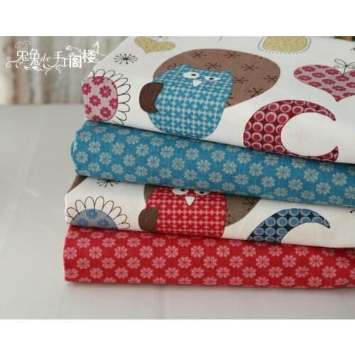 Free shipping Owl Series 4 pcs / lot 50 * 70 cm Linen Cotton Fabrics for Sewing, Patchwork, Print Design Tissue textile