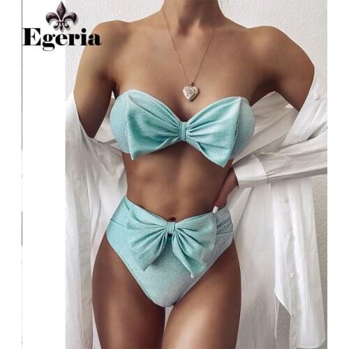 High Waist Bikinis 2020 Swimsuits Bandeau Swimwear Women Shiny Bow Biquini Solid Strapless Bathers Bathing Suit Women New