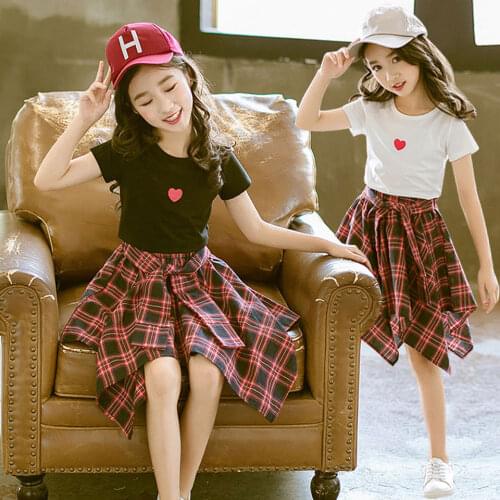 Baby Kids Girls Clothes Set Summer Outfit Heart Print Cotton Tops Plaid Skirts Teens Girl Clothing Sets For 4 6 8 10 12 14 Yr