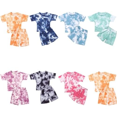 2020 Baby Summer Clothing 2Pcs Kids Suit Set Girls Tie-Dye Print Round Neck Short Sleeve T-Shirt+Pants