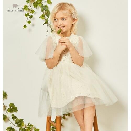 DKY18120 dave bella summer girls 5Y-13Y fashion cartoon mesh solid draped dress children sweet dress kids infant lolita clothes