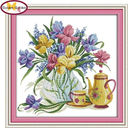 GG Flowers and kettle Stamped Cross Stitch Patterns DIY Kits Needlework Embroidery Sets Joy Sunday Cross Stitch for Home Decor