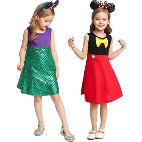 MUABABY Kids Princess Summer Dress for Girls Child Snow White Ariel Belle Mickey Casual Cotton Birthday Costume with Accessories