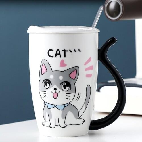 380ml Japanese Cute Cat Ceramic Cup with Lid Spoon Handle Kawaii Breakfast Milk Mug Ladies Flower Tea Cups Wedding Ball Mugs