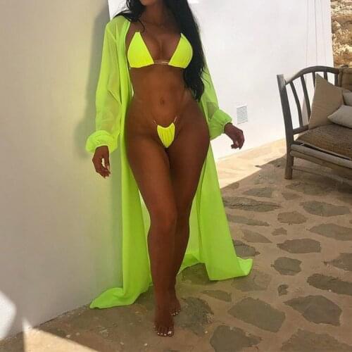 Hot Sale 2021 Summer Sexy Lady Bikini Suit 3-Piece Beach Sexy Set Full Sleeve Long Coat Halter Skiny Bikini suit Set Sexy Sets