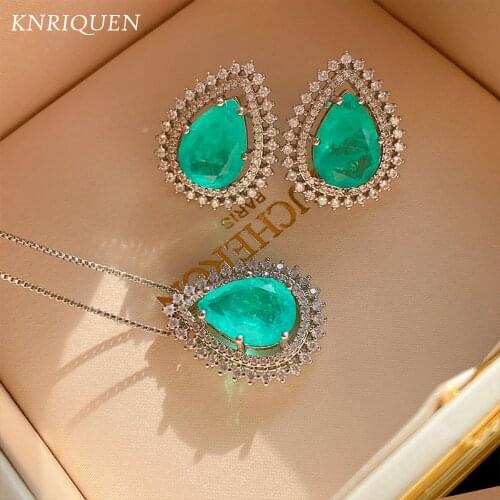 2021 New Real 925 Sterling Silver Pear-Shape Paraiba Tourmaline Gemstone Pendant Necklace Stud Earrings Jewelry Sets Women Gifts