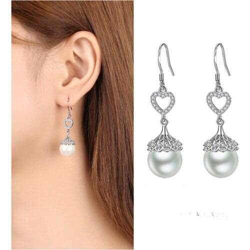 Trendy Heart-shaped Flower Earrings Women Delicate Personalized Pearl Earrings Silver 925 Girls Drop Accessories On Ear Female