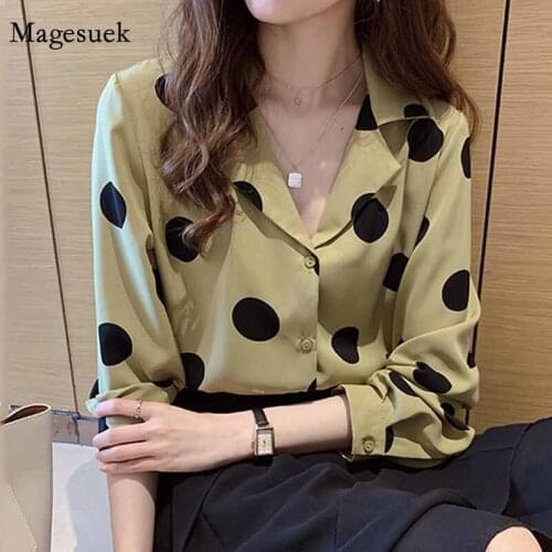 Vintage Fashion Notched Dot Shirts Women 2021 Spring Hong Kong Style Tops Chiffon Plus Size Blouse Blusas Mujer De Moda 8886 50