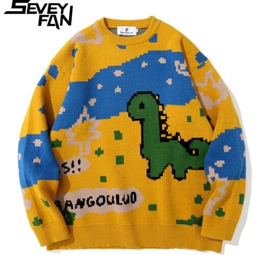 SEVEYFAN Mens Fashion Cartoon Dinosaur Sweater Hip Hop Loose O Neck Cotton Pullover Knitwear for Couples
