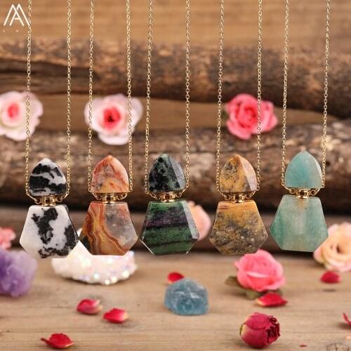Natural Amazon Stone Essential Oil Diffuser Pendant Necklace Women White Pink Quartz Perfume Bottle Gold Neckace Healing Jewelry
