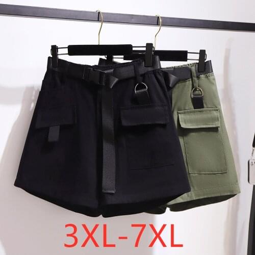 New 2021 summer plus size shorts for women large loose casual wide leg cotton black green pocket belt shorts 3XL 4XL 5XL 6XL 7XL