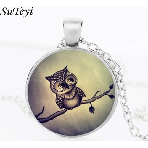 SUTEYI New Arrival Cute Owl Pattern Round Glass Pendant 3 Colors Long Chain Necklace Women Girl Sweater Necklaces Jewelry