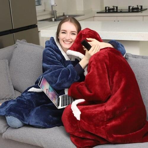 New Winter Outdoor Hooded Pocket Blankets Warm Soft Hoodie Slant Robe Bathrobe Sweatshirt Pullover Home Zipper TV Lazy Blanket