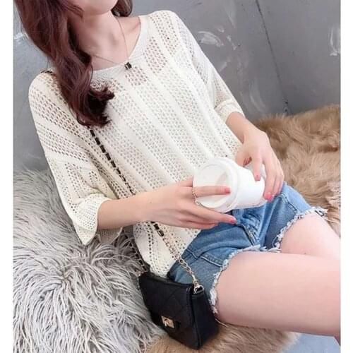 Summer Style V-Neck Sweater Solid Color Hollow Five-Point Sleeve Loose Thin Air-Conditioned Shirt Mesh Top Simple Womens Traf