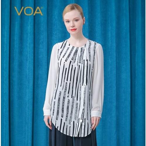VOA Silk Crepe De Chine Black and White Striped Fashion Round Neck Asymmetric Single-breasted Spliced Long Sleeve Shirt BE519