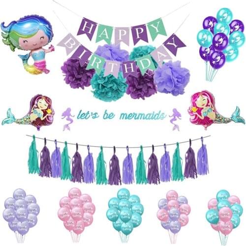 Mermaid Theme Party Happy Birthday Blue Purple Mermaid Banner Balloons Baby Shower Supplies Wedding Kids Party Decoration