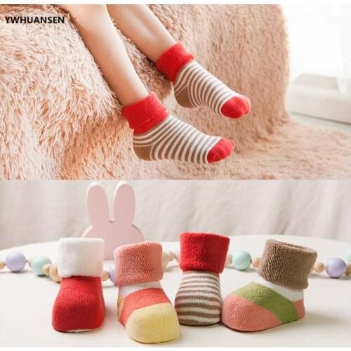 YWHUANSEN 4 Pairs/lot 0 to 4 Yrs Cotton Thick Warm Baby Girls Socks in Winter Childrens Lovely Striped Colorful Terry Sock Boy