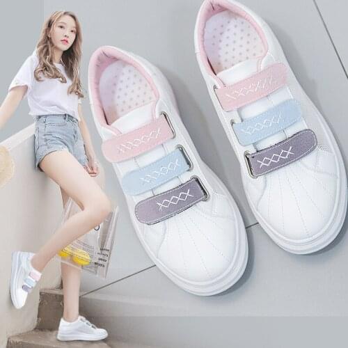 2019 Women Sneakers for Summer Thick Bottom Flat Heel Hook Loop Female White Shoes Leather Air Mesh Cloth Breathable Shoes CR-71