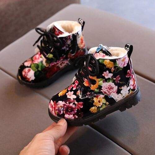 Winter Girls Short Boots Flower Print Cute Kids Warm Cotton Shoes Child Snow Boots Shoes Boys Cow Muscle Soft Bottom Martin Boot